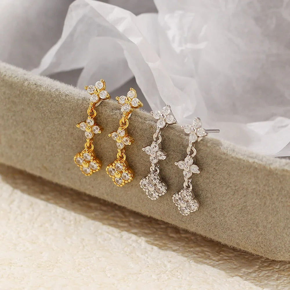 Boucle D'oreille Femme Pendante Fleur Zircon - Acier Inoxydable