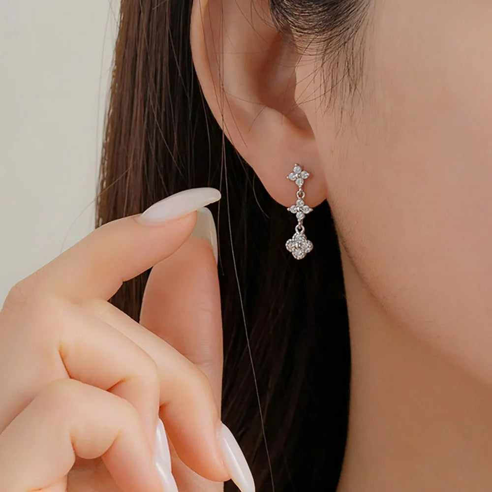 Boucle D'oreille Femme Pendante Fleur Zircon - Acier Inoxydable