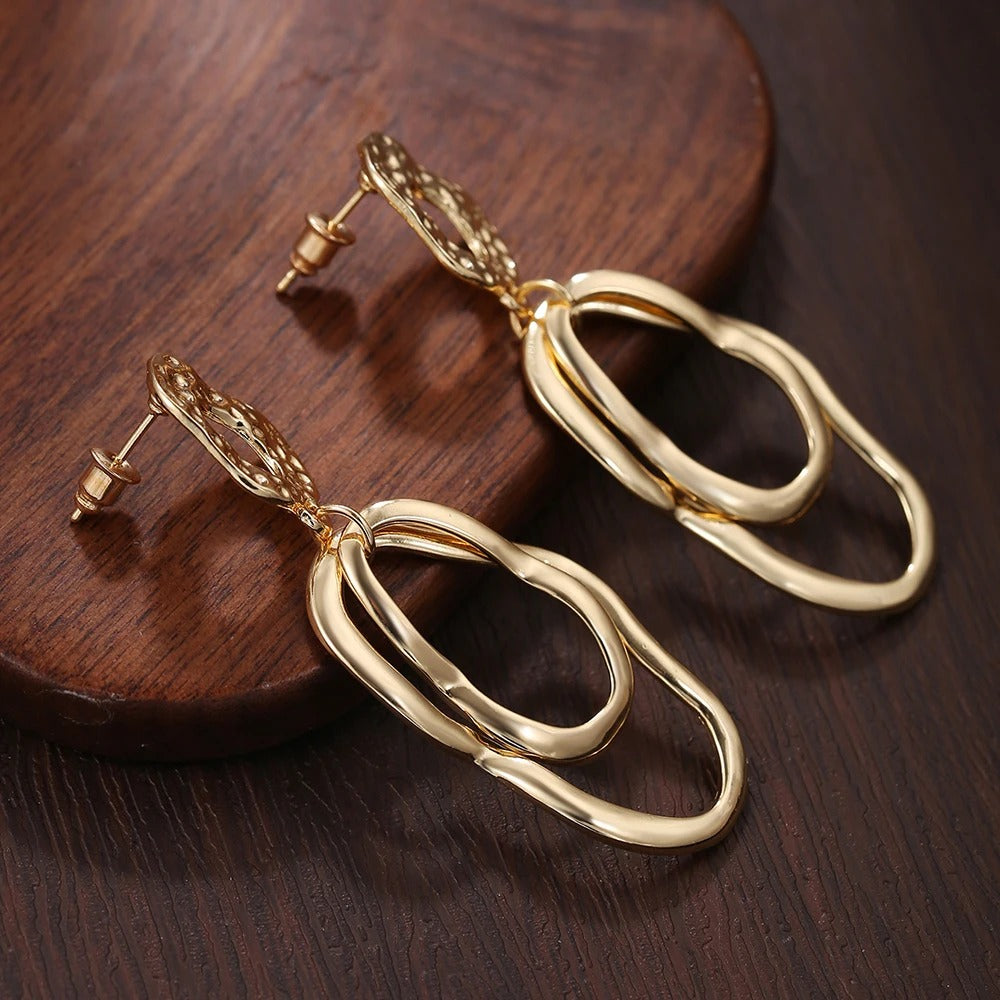 Boucle D'oreille Femme Pendante Ondulée Dorée