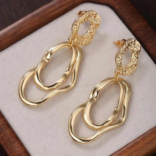 Boucle D'oreille Femme Pendante Ondulée Dorée
