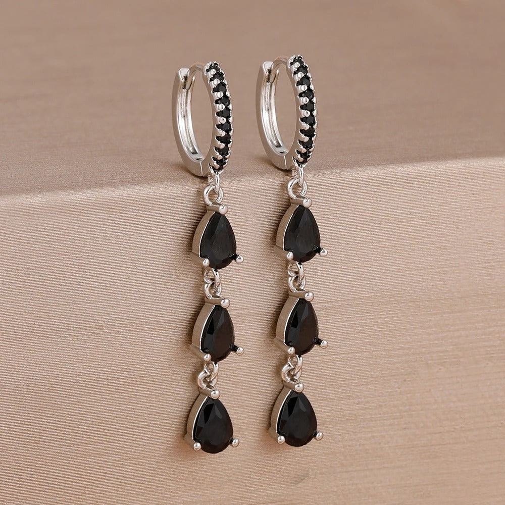Boucle D'oreille Femme Pendante Zircon Noir - Acier Inoxydable Image
