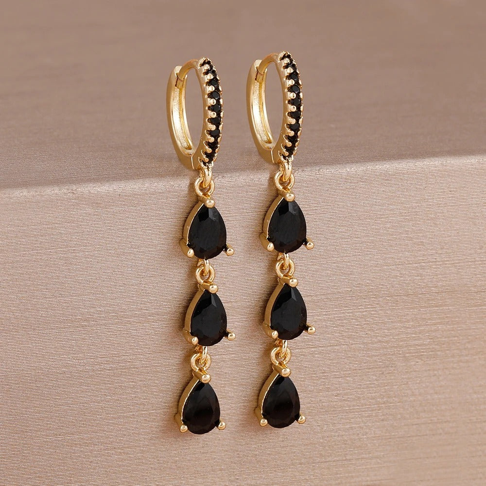 Boucle D'oreille Femme Pendante Zircon Noir - Acier Inoxydable