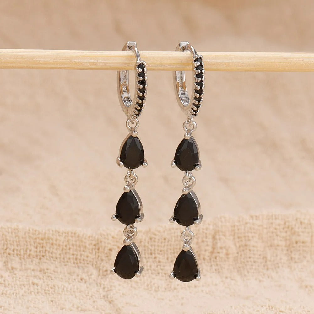 Boucle D'oreille Femme Pendante Zircon Noir - Acier Inoxydable