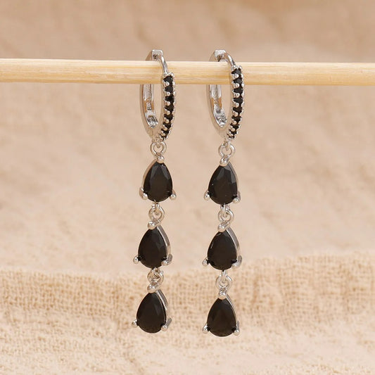 Boucle D'oreille Femme Pendante Zircon Noir - Acier Inoxydable