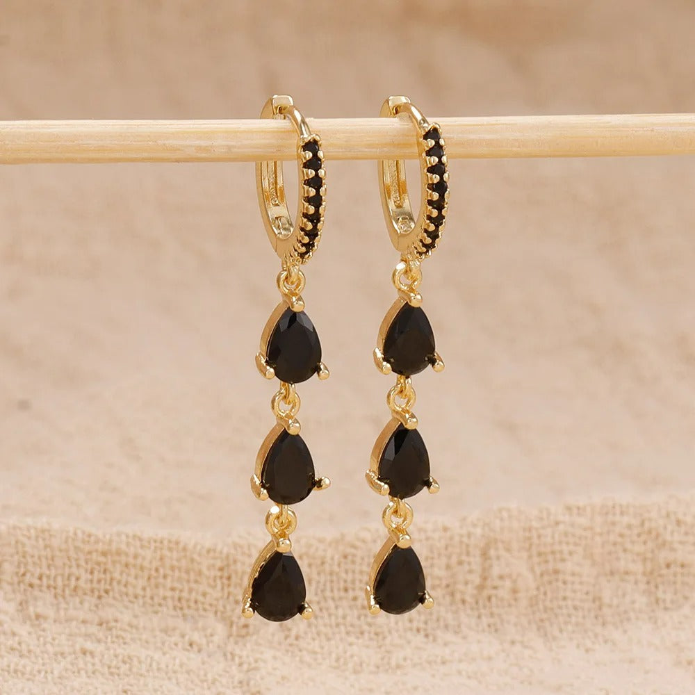 Boucle D'oreille Femme Pendante Zircon Noir - Acier Inoxydable Image