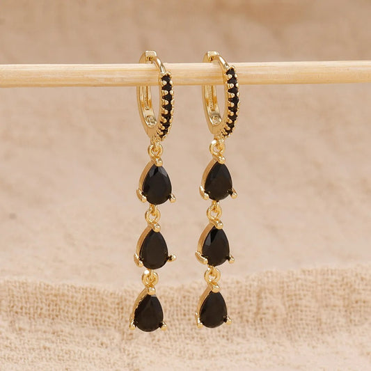 Boucle D'oreille Femme Pendante Zircon Noir - Acier Inoxydable