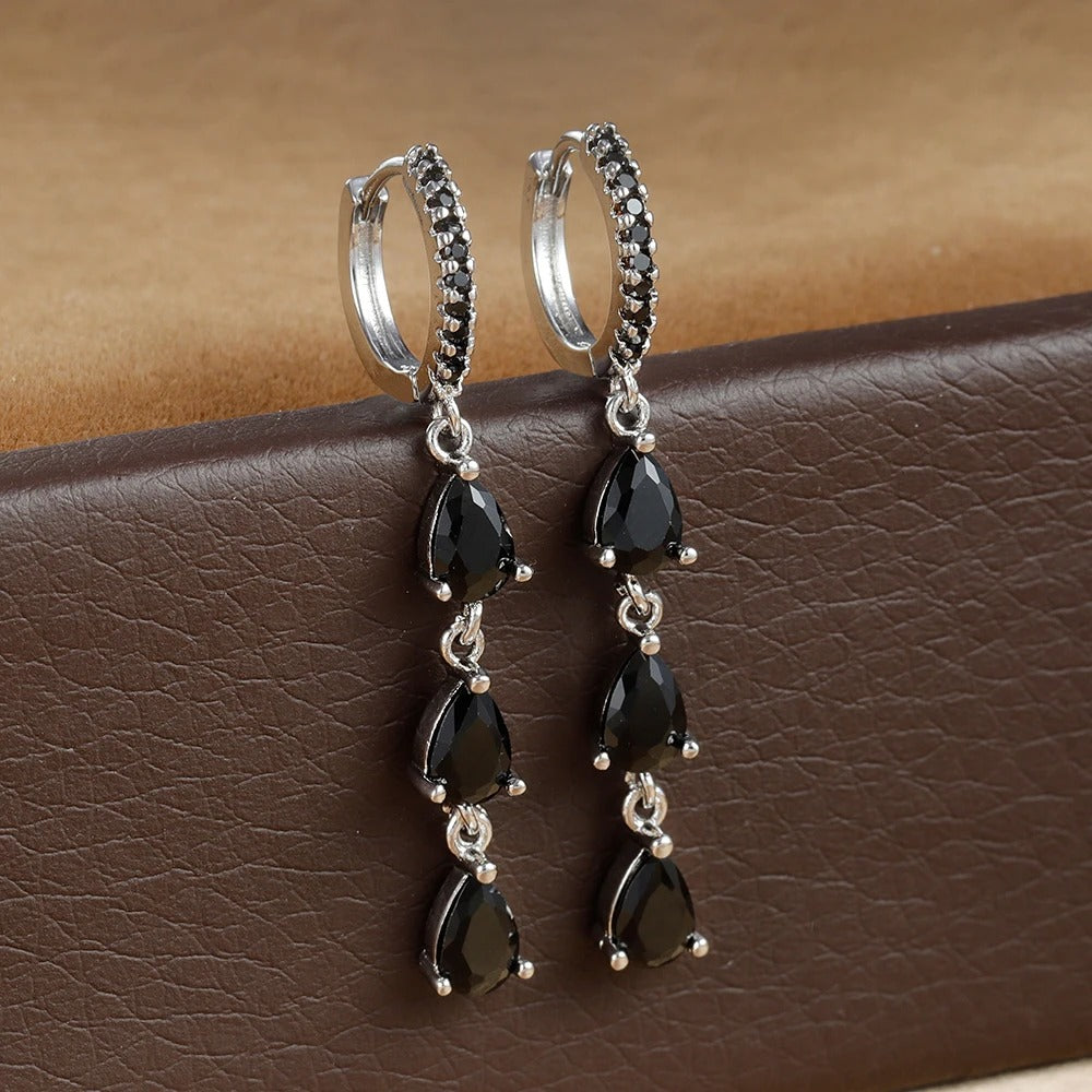 Boucle D'oreille Femme Pendante Zircon Noir - Acier Inoxydable Image