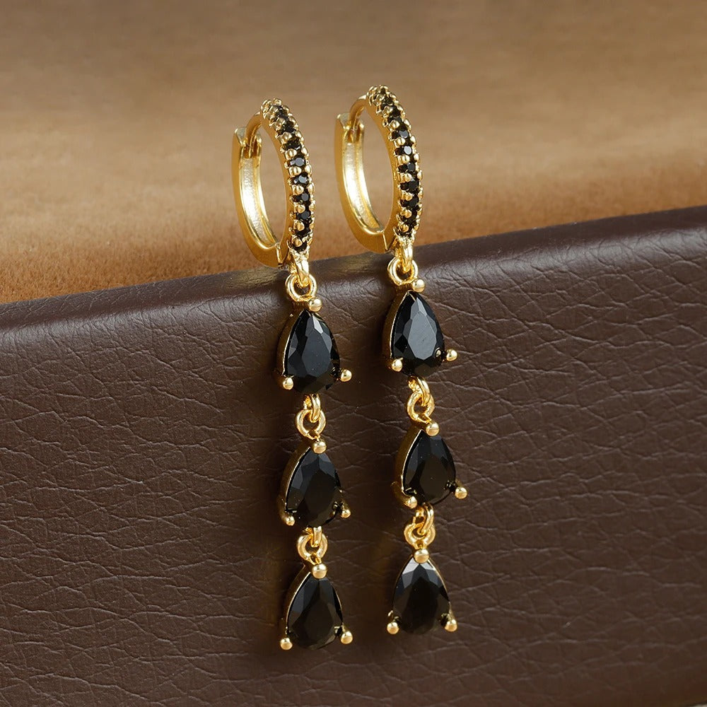 Boucle D'oreille Femme Pendante Zircon Noir - Acier Inoxydable