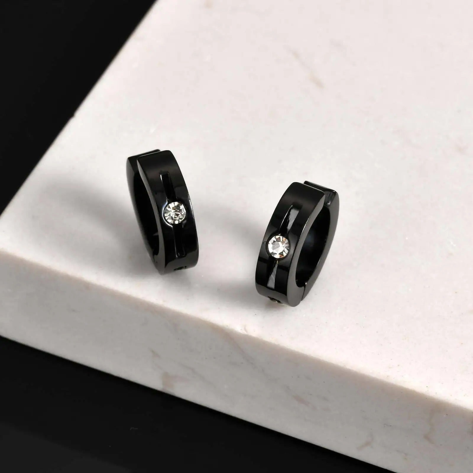 Boucle D’Oreille Homme Créole Noire Acier inoxydable Strass