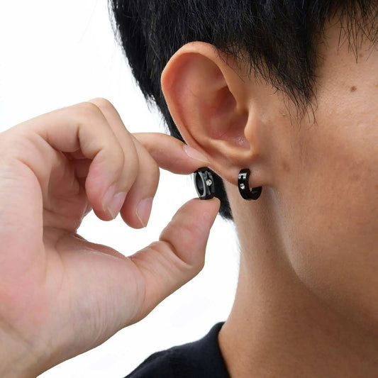 Boucle D’Oreille Homme Créole Noire Acier inoxydable Strass