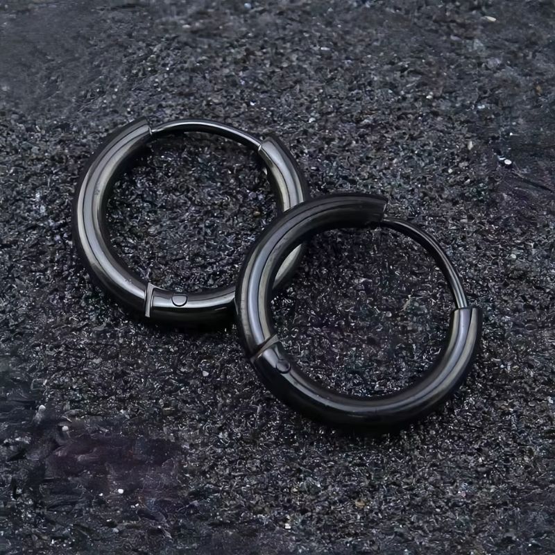 Boucle D'Oreille Homme Créole Noire Classique Acier Inoxydable Image