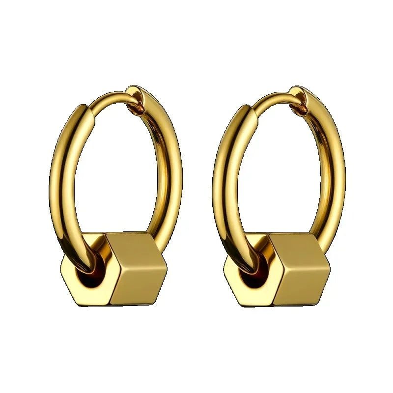 Boucle D'Oreille Homme Originale Acier Inoxydable Cube Doré
