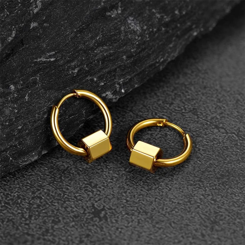Boucle D'Oreille Homme Originale Acier Inoxydable Cube Doré Image