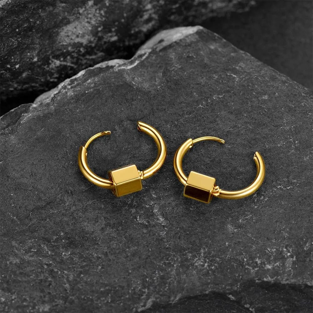 Boucle D'Oreille Homme Originale Acier Inoxydable Cube Doré Image