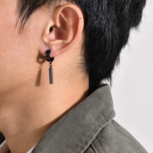 Boucle D'Oreille Homme Originale Pendante Noir Acier Inoxydable