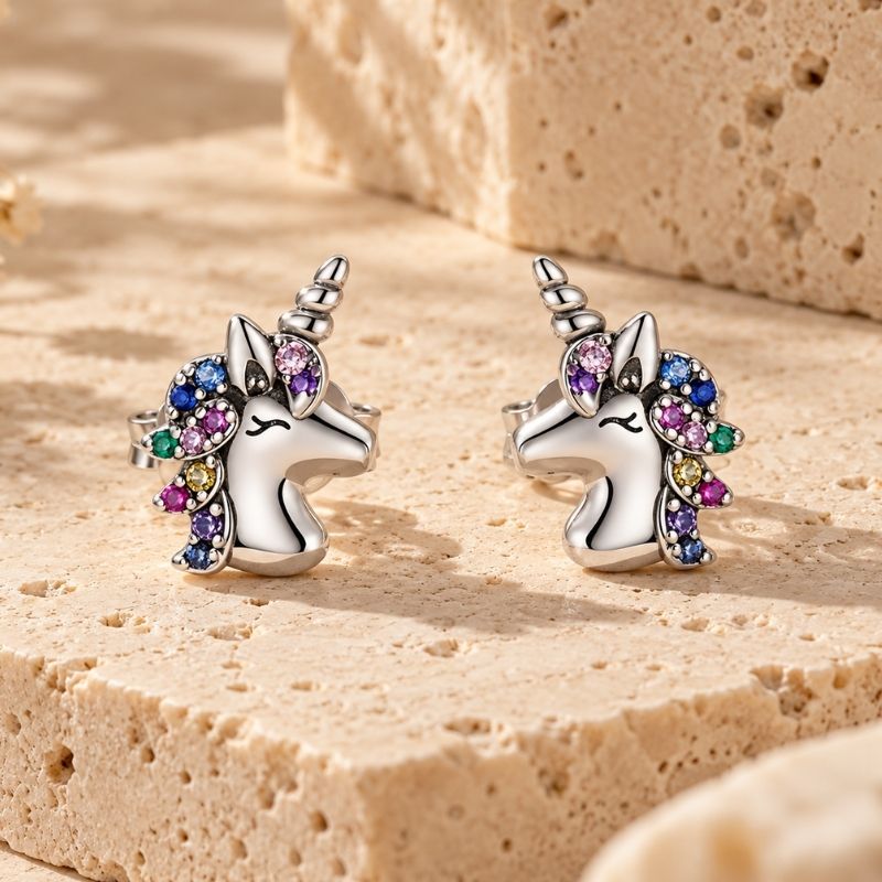 Boucle d'Oreille Licorne Crinière Arc-En-Ciel