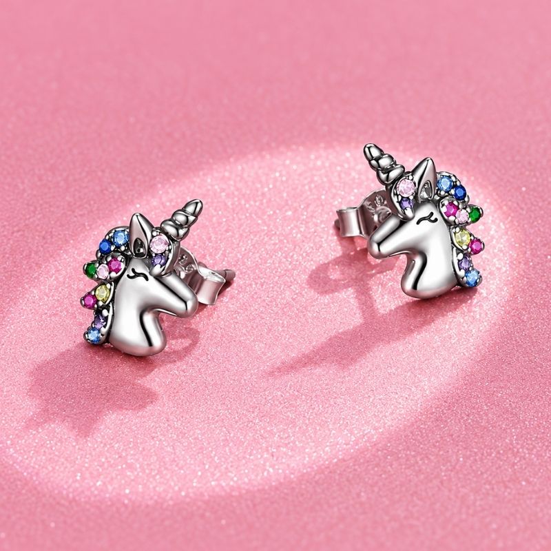 Boucle d'Oreille Licorne Crinière Arc-En-Ciel