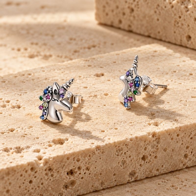 Boucle d'Oreille Licorne Crinière Arc-En-Ciel