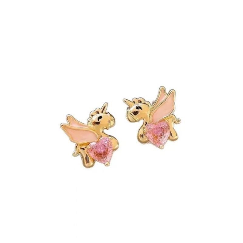 Boucle d'Oreille Licorne Dorée Aux Ailes Roses