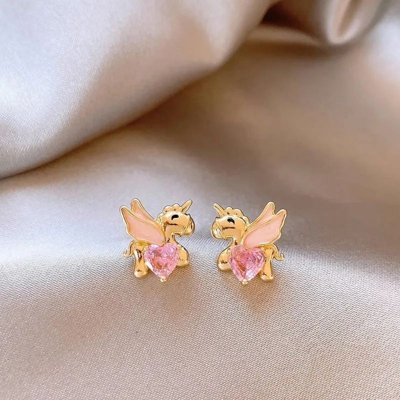 Boucle d'Oreille Licorne Dorée Aux Ailes Roses