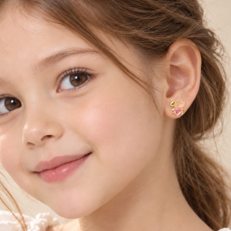 Boucle d'Oreille Licorne Dorée Aux Ailes Roses