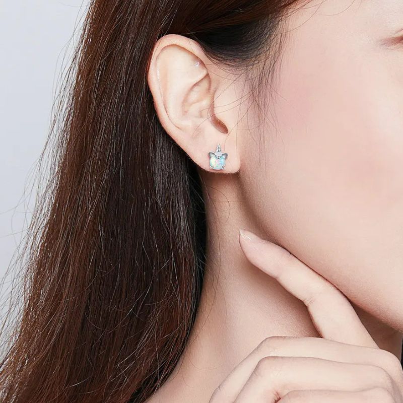 Boucle D'oreille Licorne Pierre Effet Opale Image