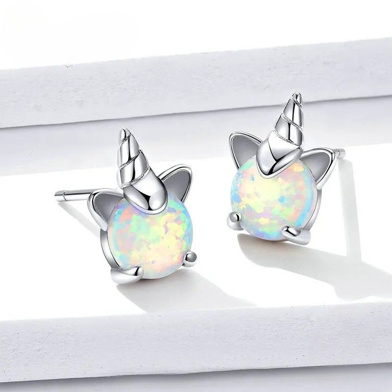 Boucle D'oreille Licorne Pierre Effet Opale