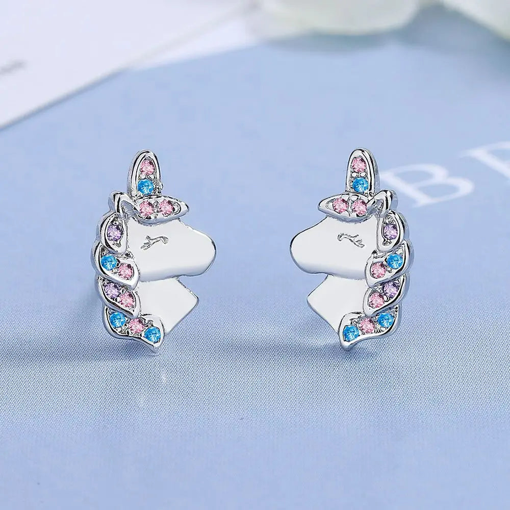 Boucle D'oreille Licorne Strass Roses et Bleus