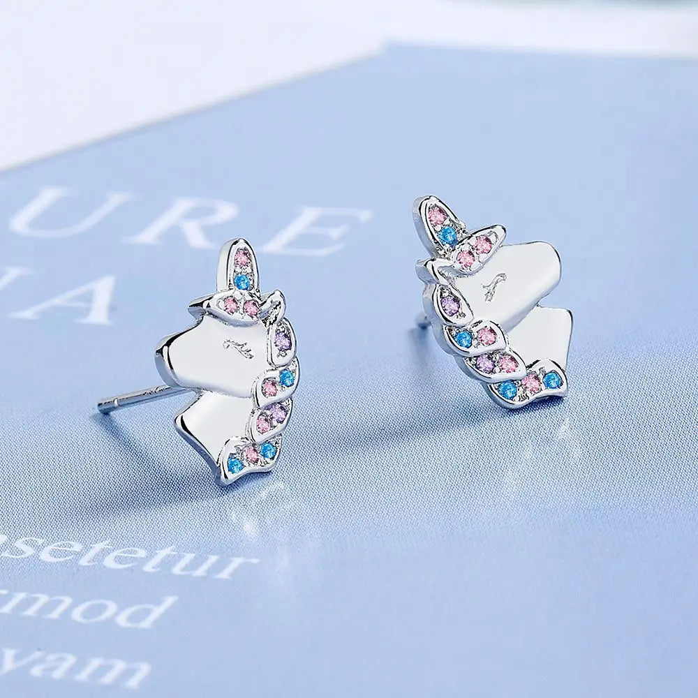 Boucle D'oreille Licorne Strass Roses et Bleus