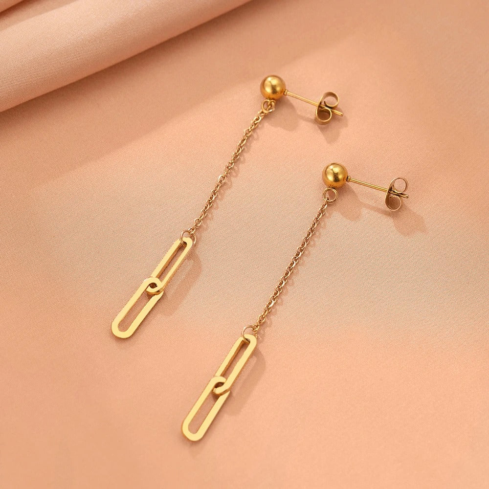 Boucle d'Oreille Longue Chaîne Dorée Acier Inoxydable
