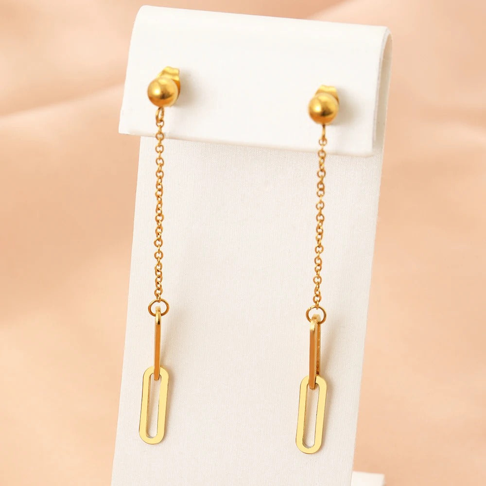 Boucle d'Oreille Longue Chaîne Dorée Acier Inoxydable