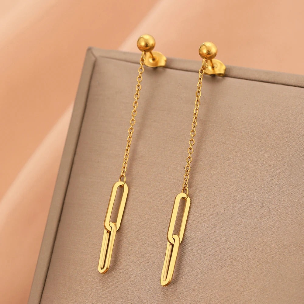 Boucle d'Oreille Longue Chaîne Dorée Acier Inoxydable