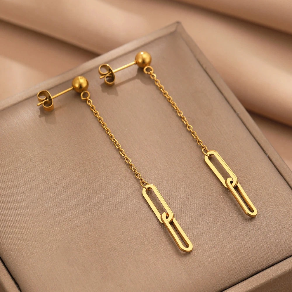 Boucle d'Oreille Longue Chaîne Dorée Acier Inoxydable