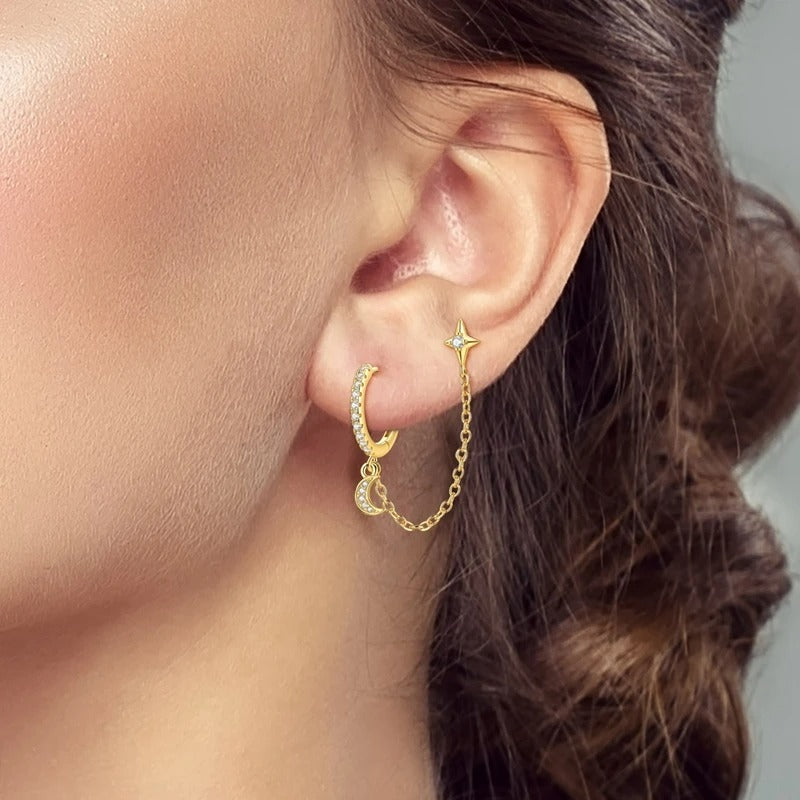 Boucle D'oreille Lune Dorée Asymétrique - Argent Et Zircon