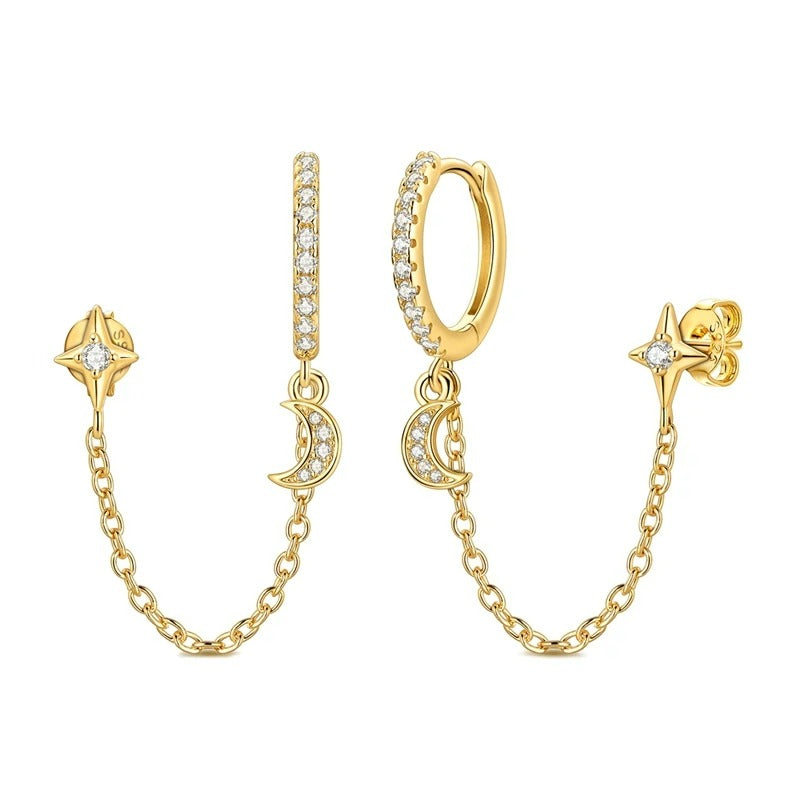 Boucle D'oreille Lune Dorée Asymétrique - Argent Et Zircon