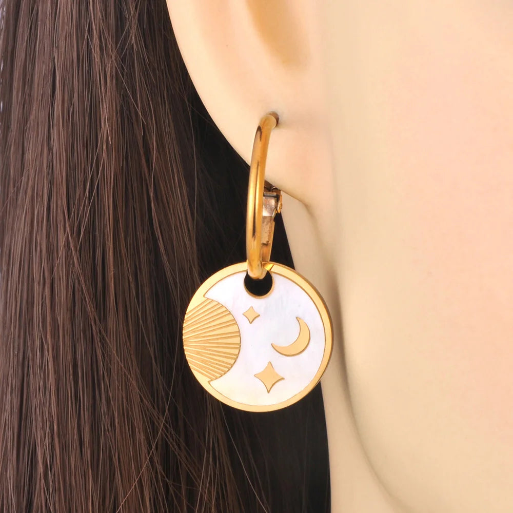 Boucle D'oreille Lune Acier Inoxydable Avec Médaillon
