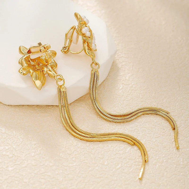 Boucle D'oreille À Pince Femme Fleur Et Chaînes