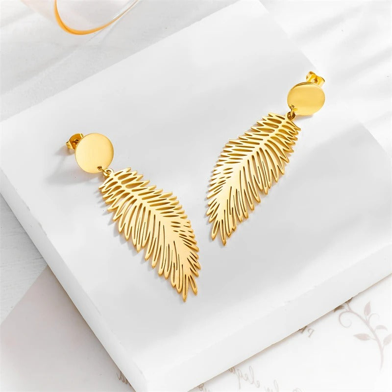 Boucle D'oreille Plume Doré Acier Inoxydable