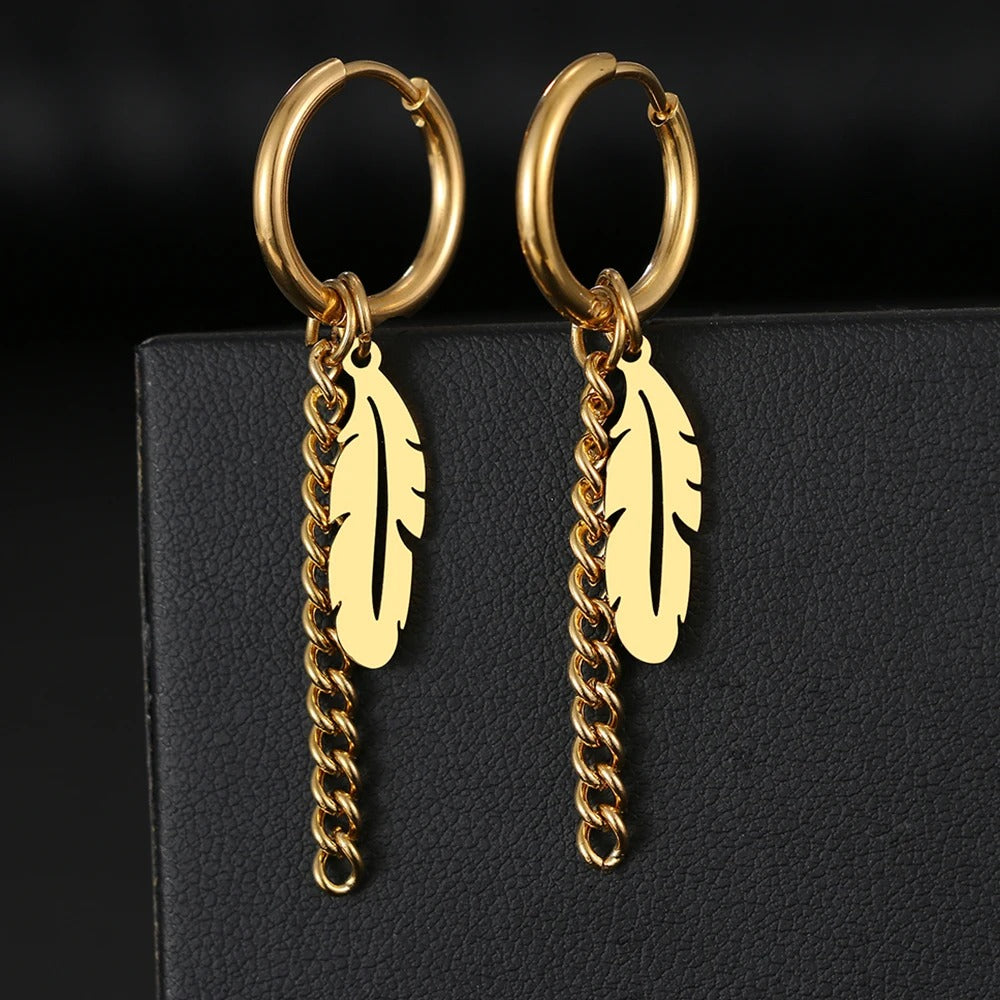 Boucle D'oreille Plume Pendante Acier Inoxydable