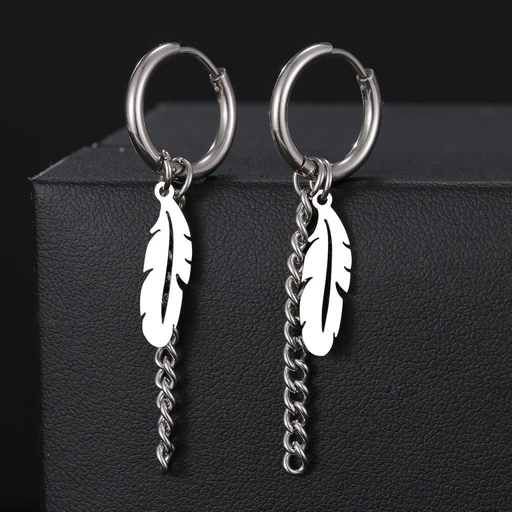Boucle D'oreille Plume Pendante Acier Inoxydable