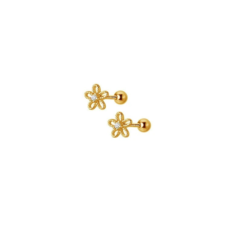 Boucle D’oreille Puce Fleur Doré Zircon Et Argent 