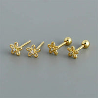 Boucle D’oreille Puce Fleur Doré Zircon Et Argent 