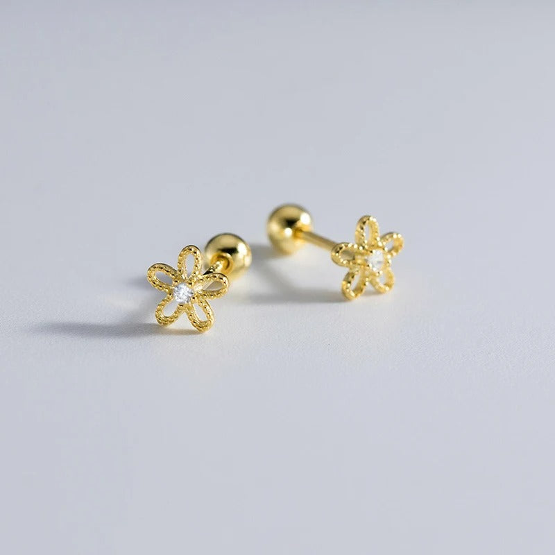 Boucle D’oreille Puce Fleur Doré Zircon Et Argent 