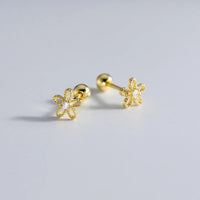 Boucle D’oreille Puce Fleur Doré Zircon Et Argent 