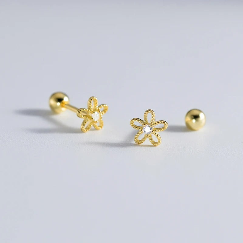 Boucle D’oreille Puce Fleur Doré Zircon Et Argent 