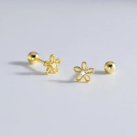 Boucle D’oreille Puce Fleur Doré Zircon Et Argent 