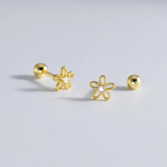 Boucle D’oreille Puce Fleur Doré Zircon Et Argent 