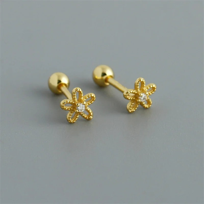 Boucle D’oreille Puce Fleur Doré Zircon Et Argent 