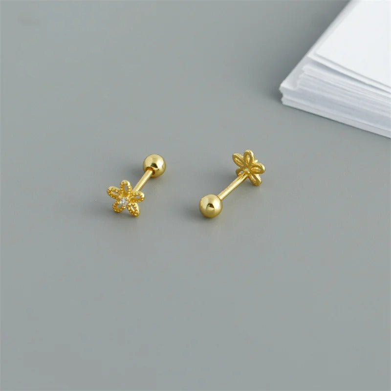 Boucle D’oreille Puce Fleur Doré Zircon Et Argent 