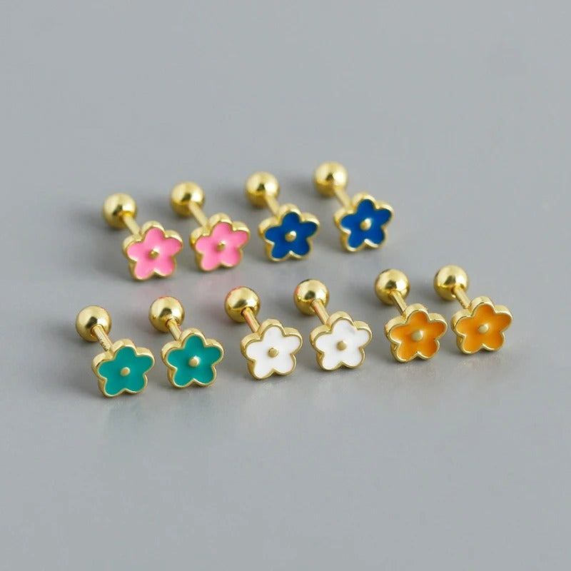 Boucle D'oreille Puce Fleur Émaillée – Plaqué Argent Image